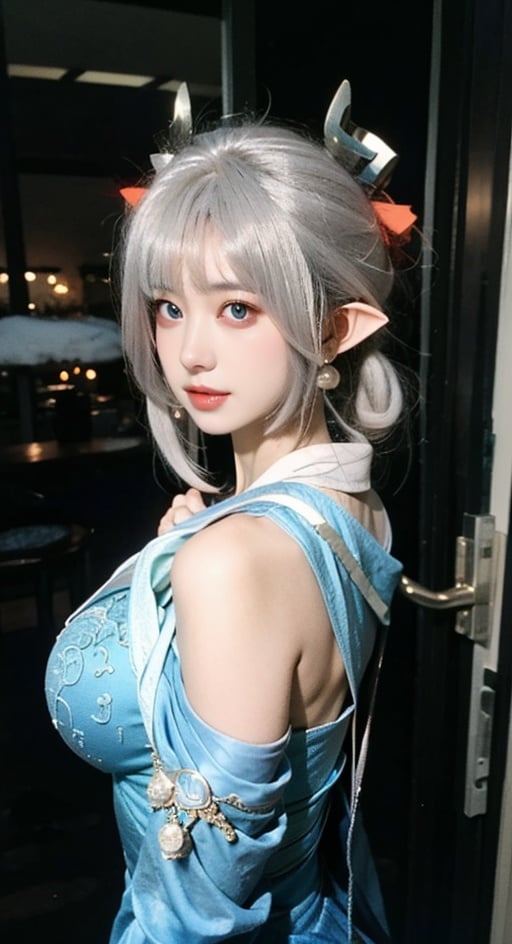 yaobbx, 比基尼,sexy clothes, ((big breasts)), very big chest, ((snow)), 雪天,风景,silver hair, upper body, light, rays, grey eyes, eye slashes, upper body, a woman with pink hair and a dragon earring is shown in this picture, Fan Qi, stanley artgerm lau, a detailed painting, fantasy art ,WZRYhaiyueFMLY,1 girl,Real,Night scene