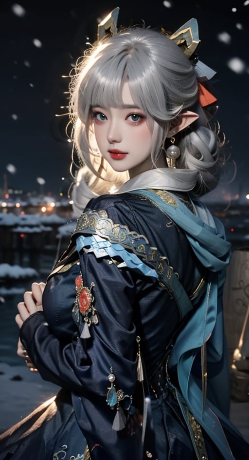 yaobbx, ((big breasts)), very big chest, ((snow)), 雪天,风景,silver hair, upper body, light, rays, grey green eyes, eye slashes, upper body, a woman with pink hair and a dragon earring is shown in this picture, Fan Qi, stanley artgerm lau, a detailed painting, fantasy art ,WZRYhaiyueFMLY,1 girl,Real,Night scene,Chinese ink painting