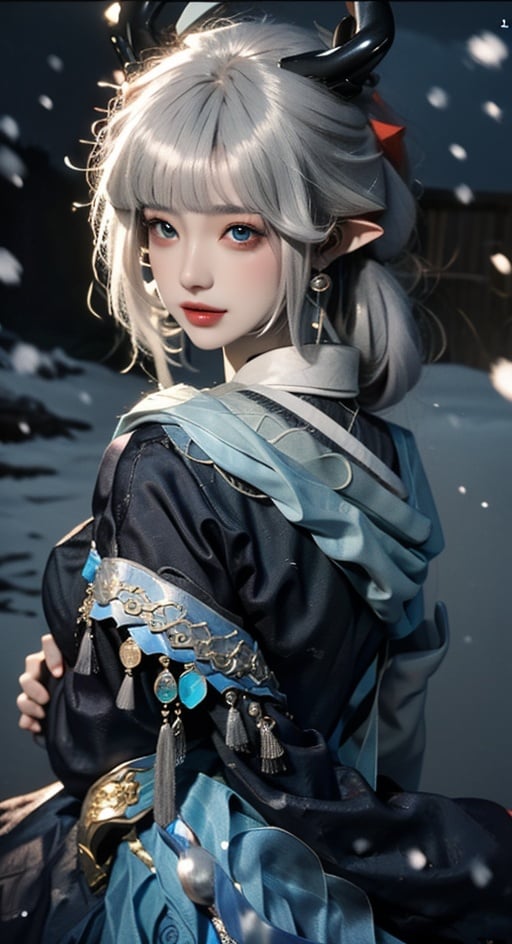 yaobbx, ((big breasts)), very big chest, ((snow)), 雪天,风景,silver hair, upper body, light, rays, grey green eyes, eye slashes, upper body, a woman with pink hair and a dragon earring is shown in this picture, Fan Qi, stanley artgerm lau, a detailed painting, fantasy art ,WZRYhaiyueFMLY,1 girl,Real,Night scene,Chinese ink painting