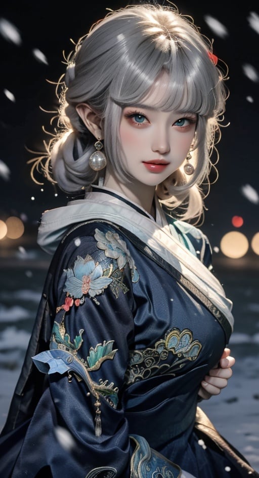 yaobbx, back, very big chest, ((snow)), 雪天,风景,silver hair, upper body, light, rays, grey green eyes, eye slashes, upper body, a woman with pink hair and a dragon earring is shown in this picture, Fan Qi, stanley artgerm lau, a detailed painting, fantasy art ,WZRYhaiyueFMLY,1 girl,Real,Night scene,Chinese ink painting