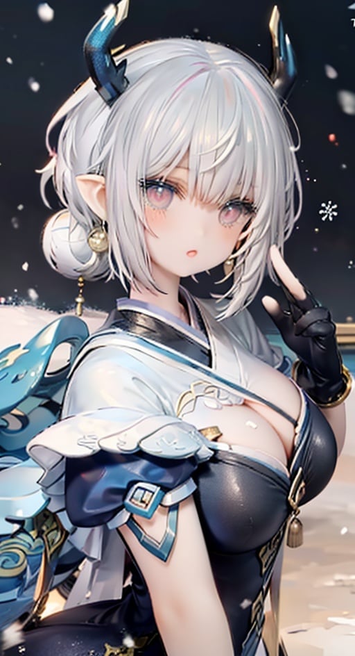 yaobbx, 比基尼,sexy clothes, ((big breasts)), very big chest, ((snow)), 雪天,风景,silver hair, upper body, light, rays, grey eyes, eye slashes, upper body, a woman with pink hair and a dragon earring is shown in this picture, Fan Qi, stanley artgerm lau, a detailed painting, fantasy art ,WZRYhaiyueFMLY,1 girl,Real,Night scene