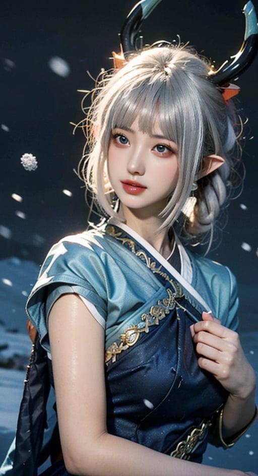 yaobbx, 比基尼,sexy clothes, ((big breasts)), very big chest, ((snow)), 雪天,风景,silver hair, upper body, light, rays, grey eyes, eye slashes, upper body, a woman with pink hair and a dragon earring is shown in this picture, Fan Qi, stanley artgerm lau, a detailed painting, fantasy art ,WZRYhaiyueFMLY,1 girl,Real,Night scene