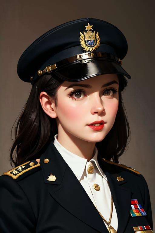 woman wearing a military uniform, naughty face, black eyes, albert lynch