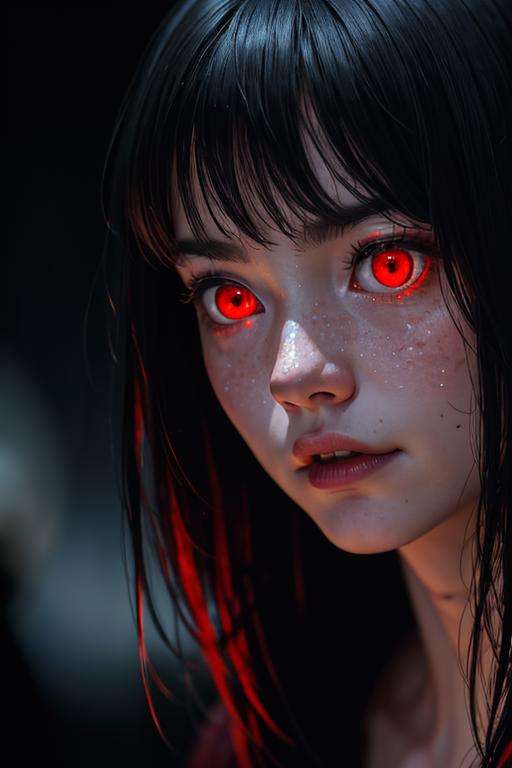 Movie, ((Face close up)), best quality, clear graphics, torch light, (The detail is clear to every hair on the face), 1girl, demonic, evil, nsfw, sexy woman, eye depth, (brother moons), (dead space) ,science fiction, (beautiful glowing red eyes), photo realistic, 20 megapixel, nikon d850, ((vibrant, photo realistic, realistic, dramatic, sharp focus, 8k)), (faded freckles:0.6), subsurface scattering, sharp, retouched, intricate detail, by Greg Rutkowski, by (Jeremy Lipking,:0.8), ((junji ito)), by ralph bakshi,((Silent Hill)), H.R. Giger, Beksinski