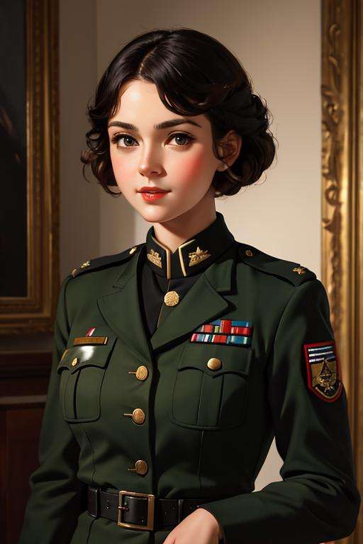 woman wearing a military uniform, naughty face, black eyes, albert lynch