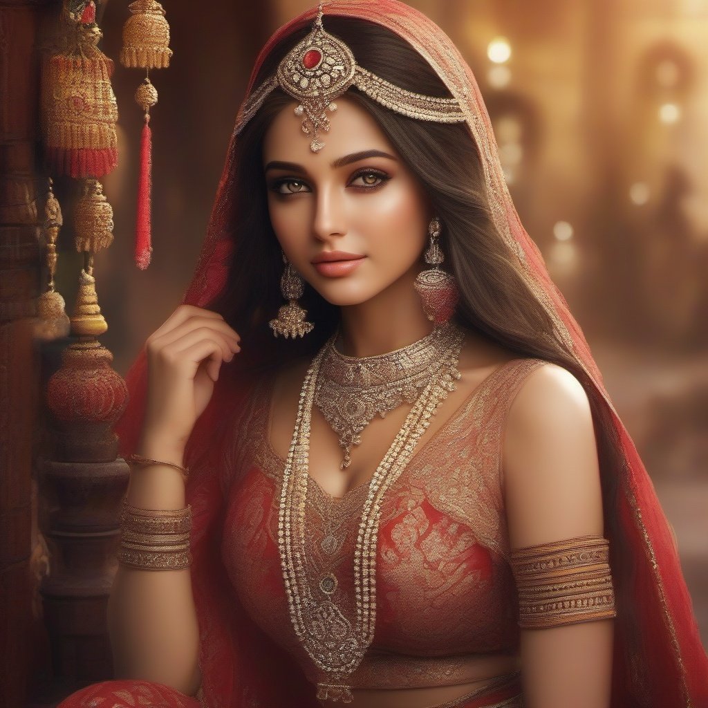 Indian girl, beautiful face , sharp eyes , ornaments, beautiful background, ultra realistic, UHD