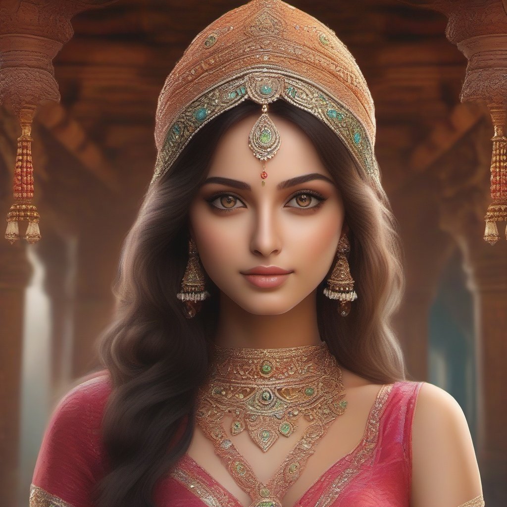 Indian girl, beautiful face , sharp eyes , ornaments, beautiful background, ultra realistic, UHD