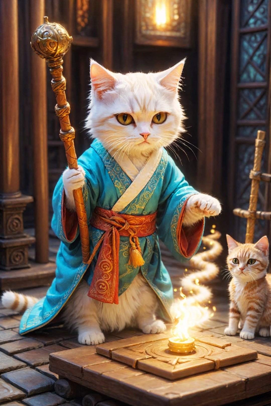 An enchanting image featuring an adorable kitten mage wearing intricate ancient robes, holding an ancient staff, hard at work in her fantastical workshop, intricate runic symbols swirling around her, it's clear that she's busy casting a powerful spell. Her fluffy tail sways gently as she concentrates on the task at hand, adding to the whimsical atmosphere of this magical scene. The soft lighting and detailed surroundings create an immersive environment where imagination runs wild. This charming artwork is sure to delight fans of both kittens and fantasy worlds alike, transporting them into a realm filled with wonder and possibility, hyper-detailed, high quality visuals, dim Lighting, ultra-realistic, sharply focused, octane render, 8k UHD
