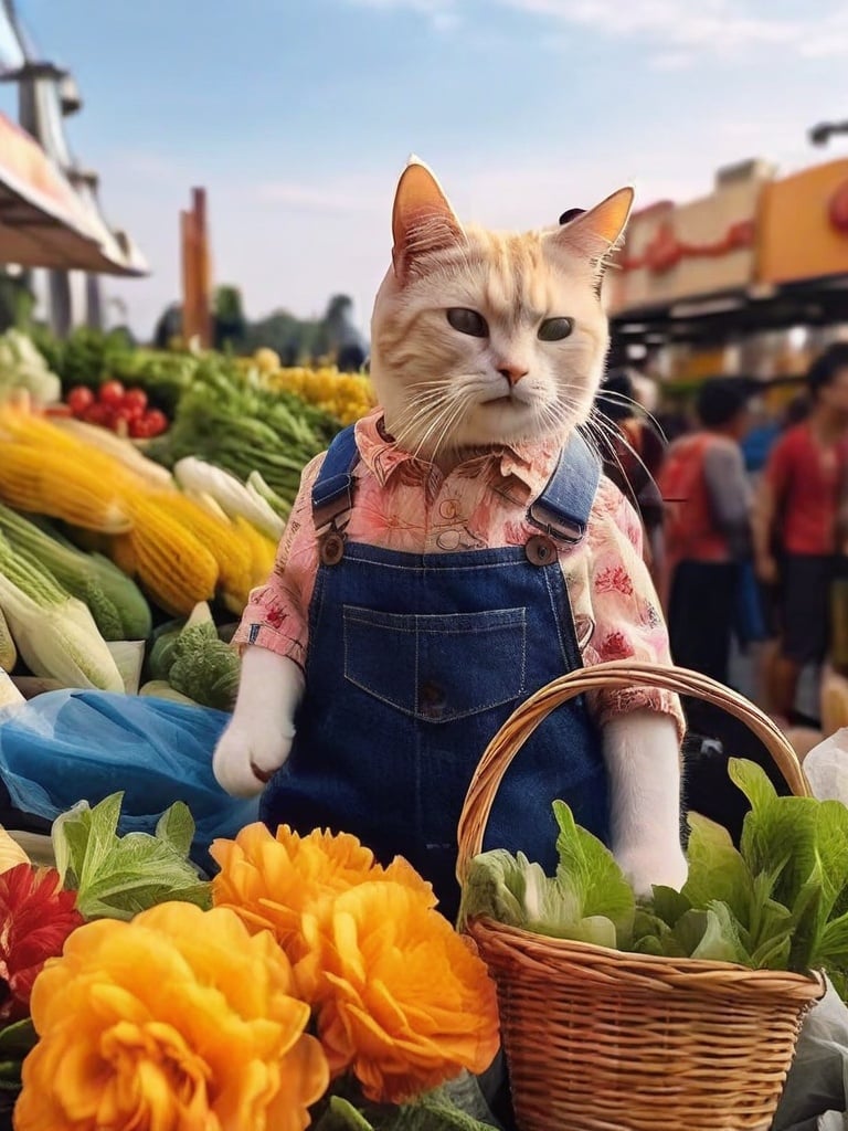 A white cat carrying a flower basket, wearing a shirt and capris, buying groceries at the vegetable market. Many people, soft sunlight, blue sky, high-quality, realistic, realistic shadows, art photography, Nikon D850, 16K, clear focus ,<lora:TravelingCatXL:1>