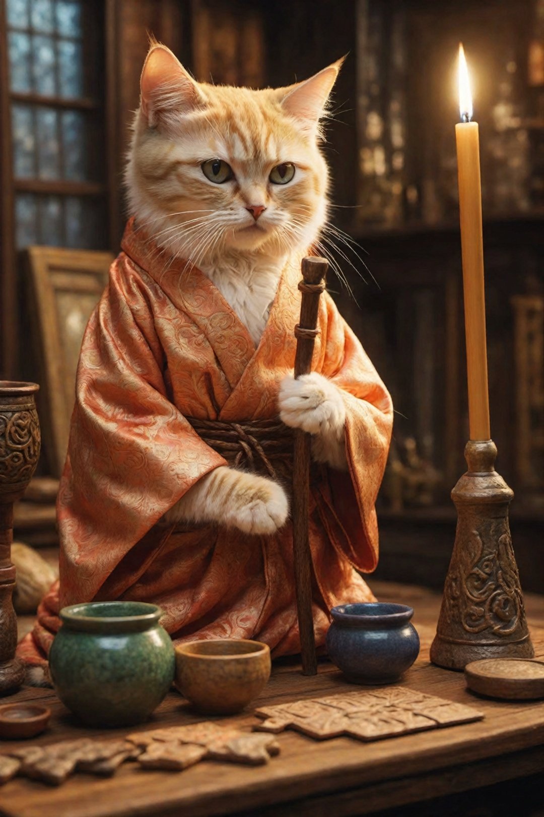 An enchanting image featuring an adorable kitten mage wearing intricate ancient robes, holding an ancient staff, hard at work in her fantastical workshop, intricate runic symbols swirling around her, it's clear that she's busy casting a powerful spell. Her fluffy tail sways gently as she concentrates on the task at hand, adding to the whimsical atmosphere of this magical scene. The soft lighting and detailed surroundings create an immersive environment where imagination runs wild. This charming artwork is sure to delight fans of both kittens and fantasy worlds alike, transporting them into a realm filled with wonder and possibility, hyper-detailed, high quality visuals, dim Lighting, ultra-realistic, sharply focused, octane render, 8k UHD
