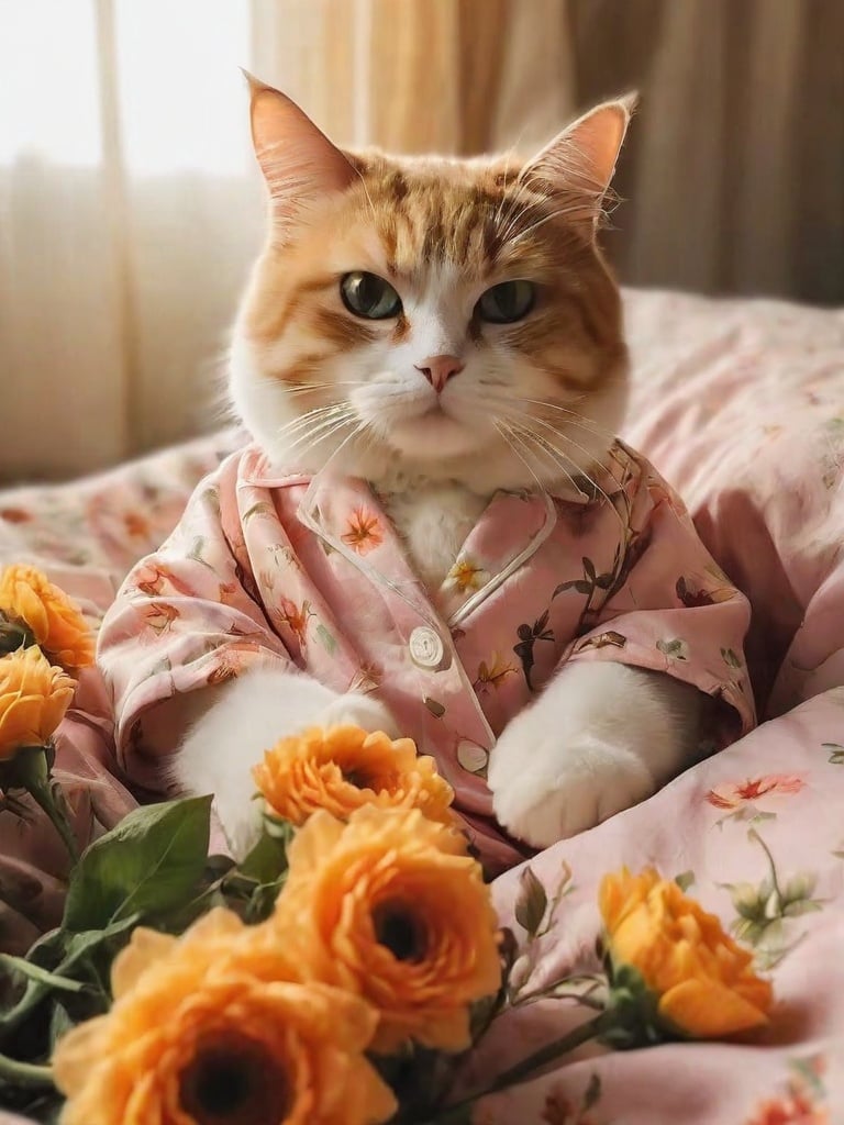 A cat lying in bed, cute eyes, pajamas, cozy bedroom, flowers, high-quality, realistic, realistic shadows, art photography, Nikon D850, 16K, clear focus,<lora:TravelingCatXL:0.7>