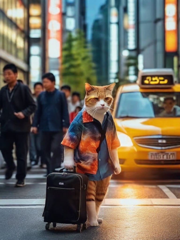 A cat carrying a suitcase, wearing a T-shirt, casual pants, waiting for a bus stop, streets, many people, fallen leaves, high-quality, realistic, realistic shadows, art photography, Nikon D850, 16K, clear focus ,<lora:TravelingCatXL:1>