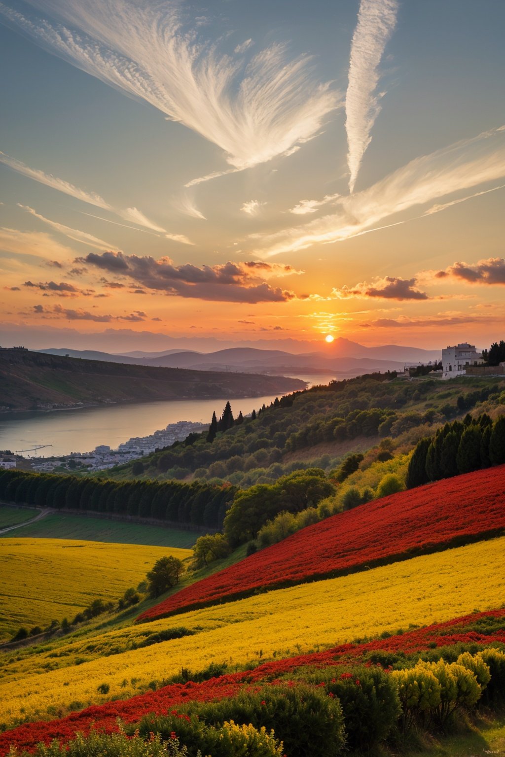 A dramatic sunset over a Greece, Neo-Expressionism, Chrysanthemum, decorative, Turner, fall, field and blossoms, aesthetics, atmosphere