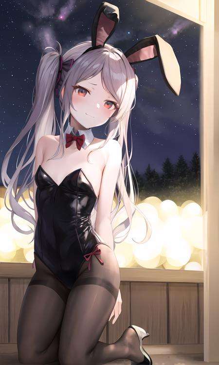 shalltear bloodfallen, alternate costume, twintails, playboy bunny, rabbit ears, outdoors, (night, starry sky:1.2), masterpiece, arms behind back, best quality, 1girl, full body, closed mouth, <lora:shalltear:0.9>, official wallpaper