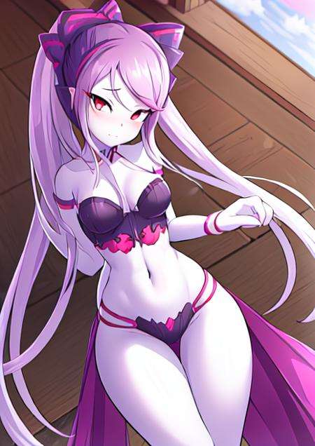 (((masterpiece))), pinup \(style\), pinup, nude,, wide hips, thin waist, athletic, flat stomach, lean, medium breasts, <lora:shalltear:0.8> shalltear bloodfallen, <lora:rilexlenov:1>, rilex lenov