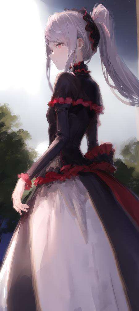 shalltear bloodfallen, shalltearcostume, ponytail, outdoors, (night, starry sky:1.1), masterpiece, arms behind back, best quality, 1girl, closed mouth, <lora:shalltear:0.9>, dark background, outdoors, official wallpaper