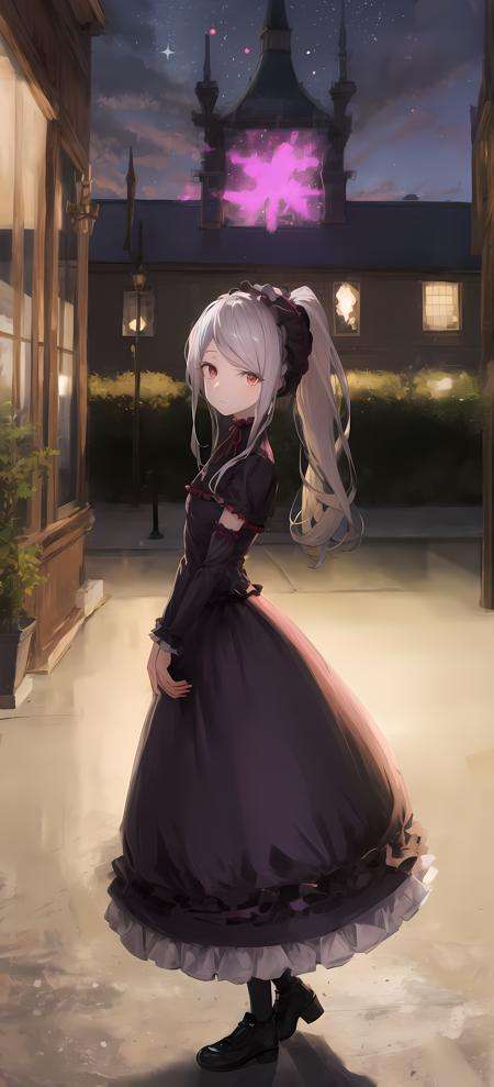 shalltear bloodfallen, shalltearcostume, ponytail, outdoors, (night, starry sky:1.2), masterpiece, arms behind back, best quality, 1girl, full body, closed mouth, lake, reflection, <lora:shalltear:0.9>, outdoors, official wallpaper