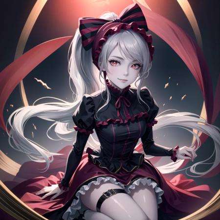 masterpiece, best quality, ultra-detailed, illustration, epic lighting, cinematic composition, isometric, (hexagon:1.2), shalltear bloodfallen, shalltearcostume, cute, medium breasts, pale skin, long gray hair, (ponytail:1.1), bonnet, (hair bow:1.1), (glowing red eyes:1.2), enchanting gaze, (half-closed eyes:1.1), (seductive smile:1.2), fang, sitting, kneeling, looking at viewer, focus on the eyes, night, dark, red glow, night sky, (8k:1.1), <lora:shalltearBloodfallen_v10:0.9>