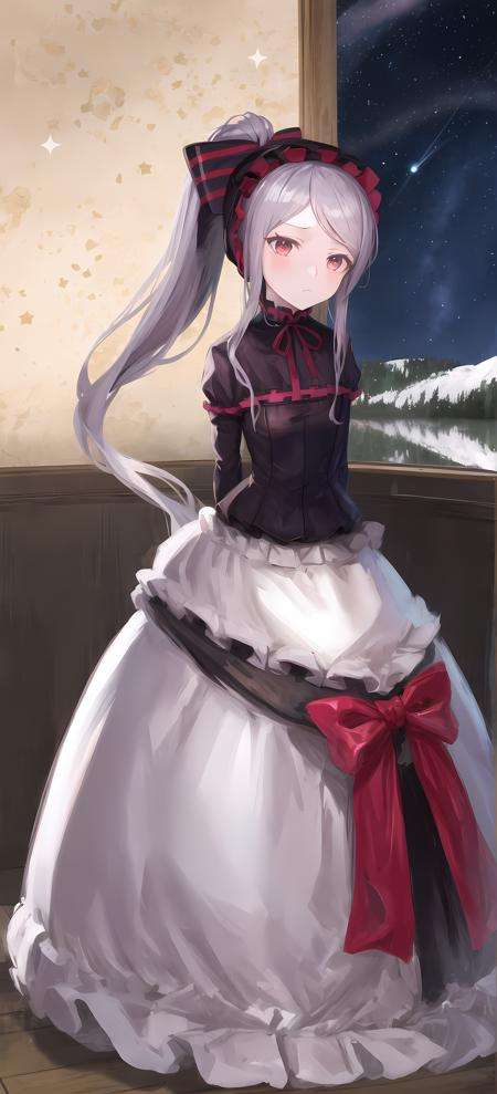 shalltear bloodfallen, shalltearcostume, ponytail, outdoors, (night, starry sky:1.2), masterpiece, arms behind back, best quality, 1girl, full body, closed mouth, lake, reflection, <lora:shalltear:0.9>, outdoors, official wallpaper