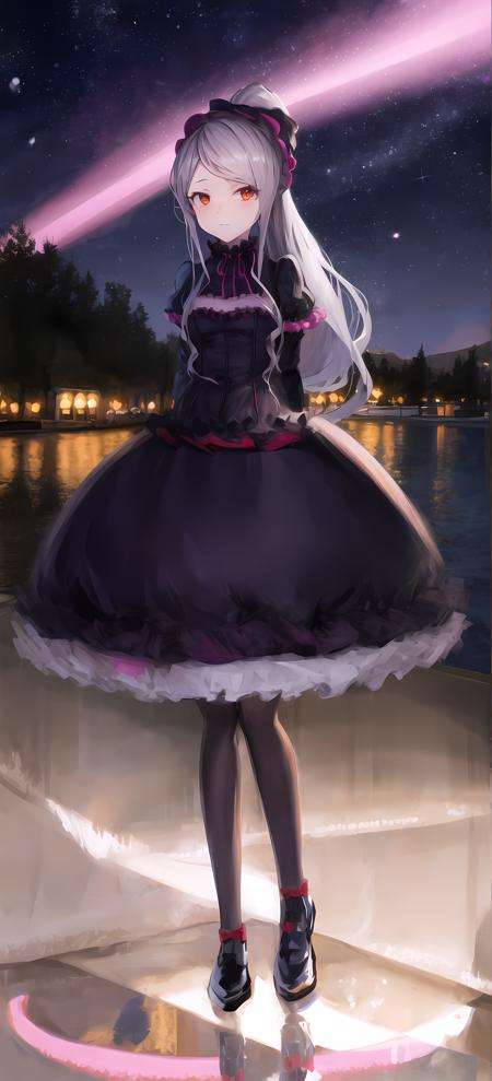 shalltear bloodfallen, shalltearcostume, ponytail, outdoors, (night, starry sky:1.2), masterpiece, arms behind back, best quality, 1girl, full body, closed mouth, lake, reflection, <lora:shalltear:0.9>, outdoors, official wallpaper