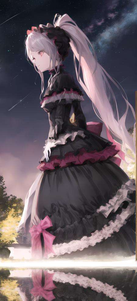 shalltear bloodfallen, shalltearcostume, ponytail, outdoors, (night, starry sky:1.2), masterpiece, arms behind back, best quality, 1girl, full body, closed mouth, lake, reflection, <lora:shalltear:0.9>, outdoors, official wallpaper