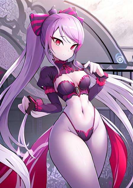 (((masterpiece))), pinup \(style\), pinup, nude,, wide hips, thin waist, athletic, flat stomach, lean, medium breasts, <lora:shalltear:0.8> shalltear bloodfallen, <lora:rilexlenov:1>, rilex lenov