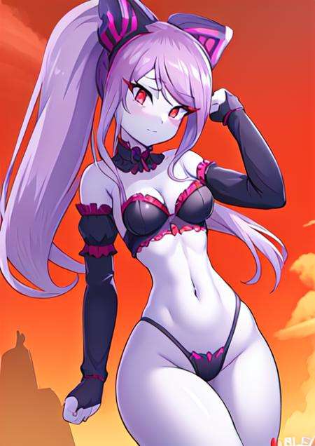 (((masterpiece))), pinup \(style\), pinup, nude,, wide hips, thin waist, athletic, flat stomach, lean, medium breasts, <lora:shalltear:0.8> shalltear bloodfallen, <lora:rilexlenov:1>, rilex lenov