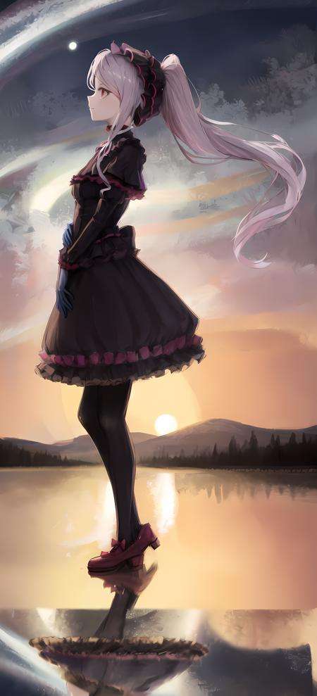 shalltear bloodfallen, shalltearcostume, ponytail, outdoors, (night, starry sky:1.2), masterpiece, arms behind back, best quality, 1girl, full body, closed mouth, lake, reflection, <lora:shalltear:0.9>, outdoors, official wallpaper