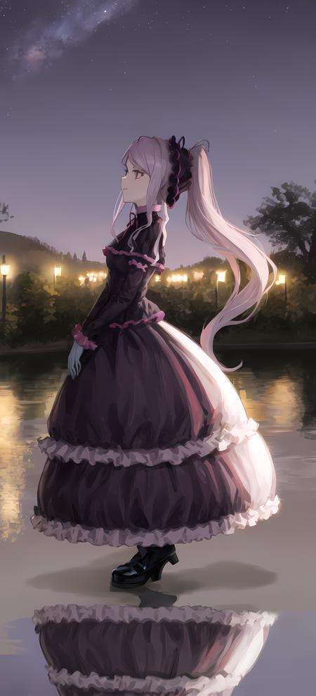 shalltear bloodfallen, shalltearcostume, ponytail, outdoors, (night, starry sky:1.2), masterpiece, arms behind back, best quality, 1girl, full body, closed mouth, lake, reflection, <lora:shalltear:0.9>, outdoors, official wallpaper