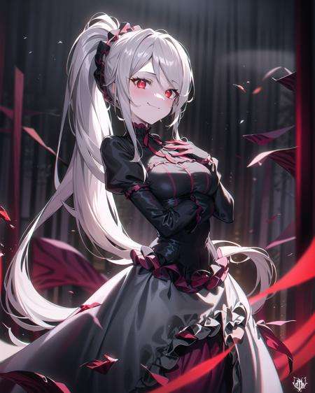 masterpiece, best quality, ultra-detailed, illustration, epic lighting, cinematic composition, colorful, 1girl, shalltear bloodfallen, solo, medium breasts, pale skin, (grey hair:1.2), long hair, (ponytail:1.2), red eyes, slit pupils, glowing eyes, shalltearcostume, standing, cowboy shot, own hands together, facing viewer, looking at viewer, smile, closed mouth, fang, evil, hostile, royal, majestic, elegant, graceful, cowboy shot, outdoors, gloomy forest, fog, (dark, darkness, night, crimson sky), (8k:1.1)  <lora:shalltearBloodfallen_v10:0.8>