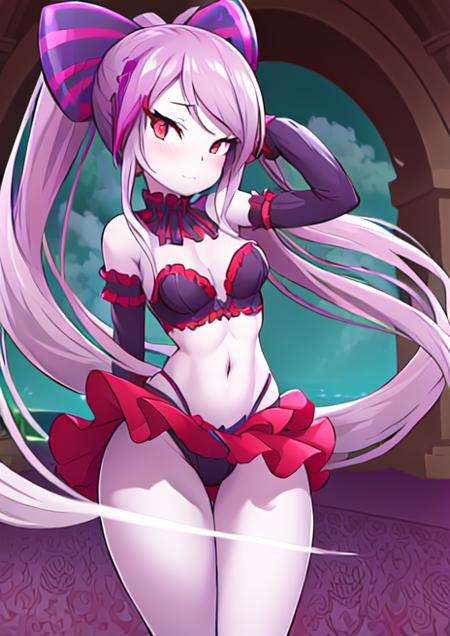 (((masterpiece))), pinup \(style\), pinup, nude,, wide hips, thin waist, athletic, flat stomach, lean, medium breasts, <lora:shalltear:0.8> shalltear bloodfallen, <lora:rilexlenov:1>, rilex lenov