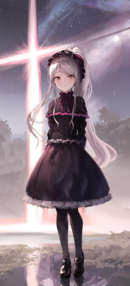 shalltear bloodfallen, shalltearcostume, ponytail, outdoors, (night, starry sky:1.2), masterpiece, arms behind back, best quality, 1girl, full body, closed mouth, lake, reflection, <lora:shalltear:0.9>, outdoors, official wallpaper