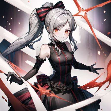 masterpiece, best quality, ultra-detailed, illustration, epic lighting, cinematic composition, [(white background:1.5)::5], isometric, 1girl, shalltear bloodfallen, solo, medium breasts, pale skin, (grey hair:1.2), long hair, (ponytail:1.2), large hair bow, red eyes, slit pupils, glowing eyes, shalltearcostume, standing, upper body, arms at sides, looking at viewer, smile, closed mouth, fang:1.1, evil, hostile, royal, majestic, elegant, graceful, cowboy shot, Tindal effect, (Balance and coordination between all things), particle effect, blood, flowing blood, outdoors, death, destruction, night, nebula, stars, galaxy, (8k:1.1)  <lora:shalltearBloodfallen_v10:0.8>