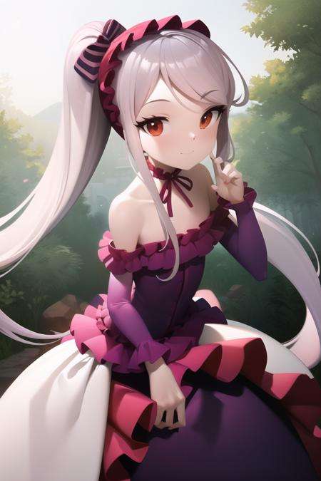 <lora:BloodyMen:1> bloodymen, 1girl, solo, masterpiece, looking at viewer, blush, happy, smiling, <lora:shalltear:0.8> shalltear bloodfallen, shalltearcostume, 