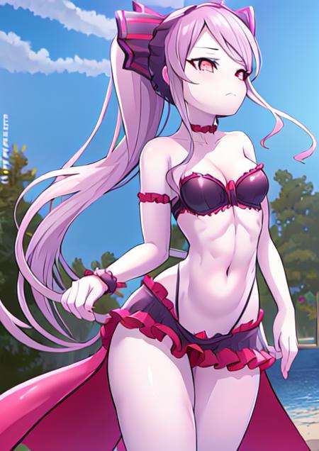 (((masterpiece))), pinup \(style\), pinup, nude,, wide hips, thin waist, athletic, flat stomach, lean, medium breasts, <lora:shalltear:0.8> shalltear bloodfallen, <lora:rilexlenov:1>, rilex lenov