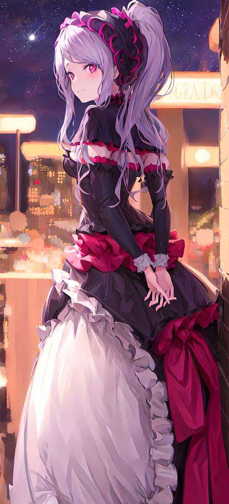 shalltear bloodfallen, shalltearcostume, ponytail, outdoors, (night, starry sky:1.1), masterpiece, arms behind back, best quality, 1girl, closed mouth, <lora:shalltear:0.9>, dark background, outdoors, official wallpaper