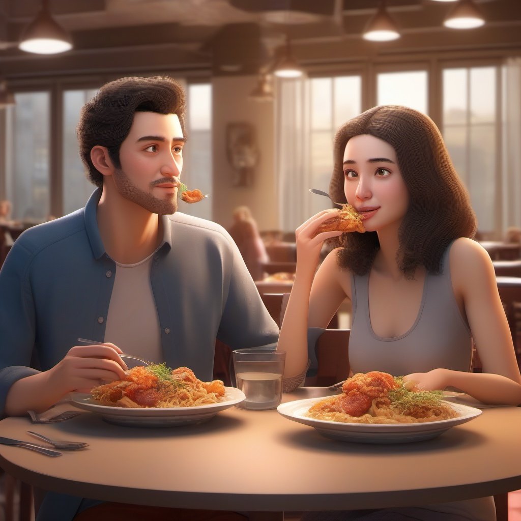 A couple in a resturent , because face , eating food,
sharp eyes , sharp face ,realistic , 8k 