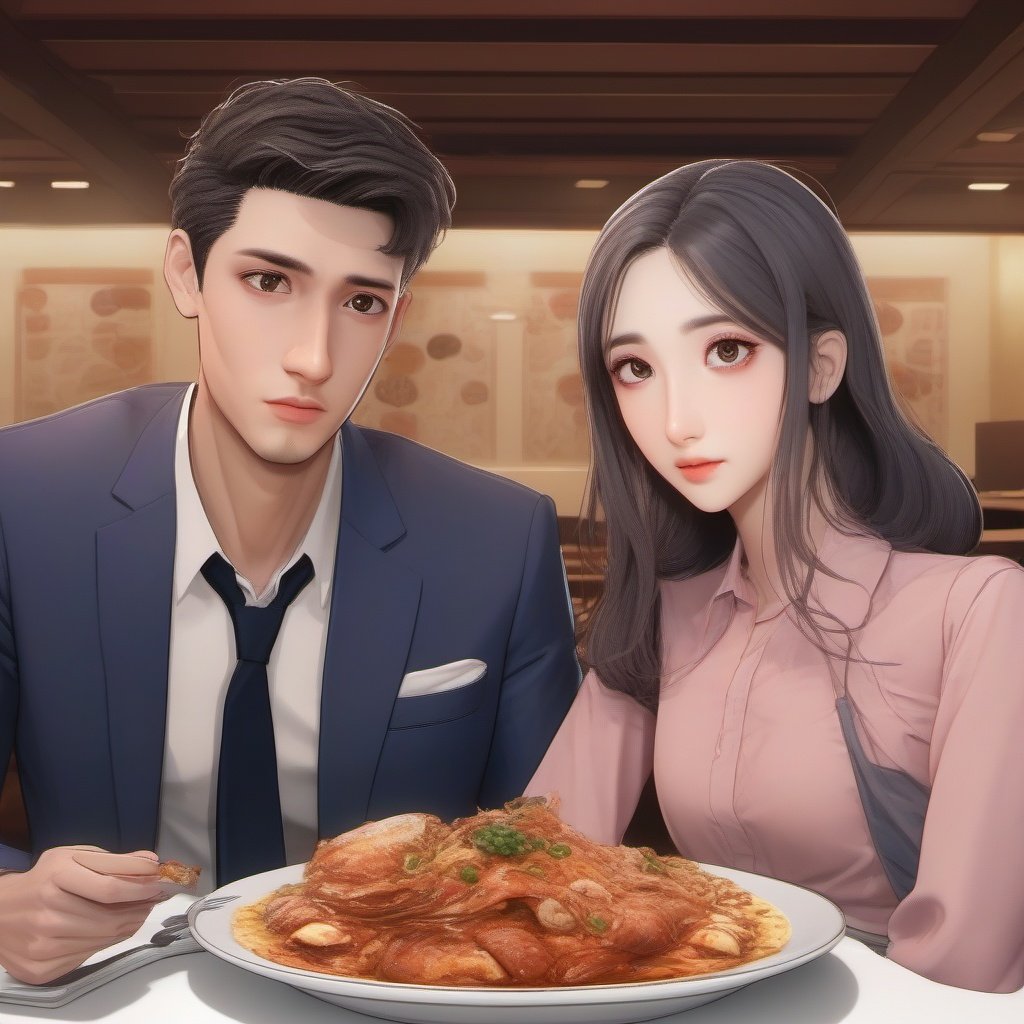 A couple in a resturent , because face , eating food,
sharp eyes , sharp face ,realistic , 8k 