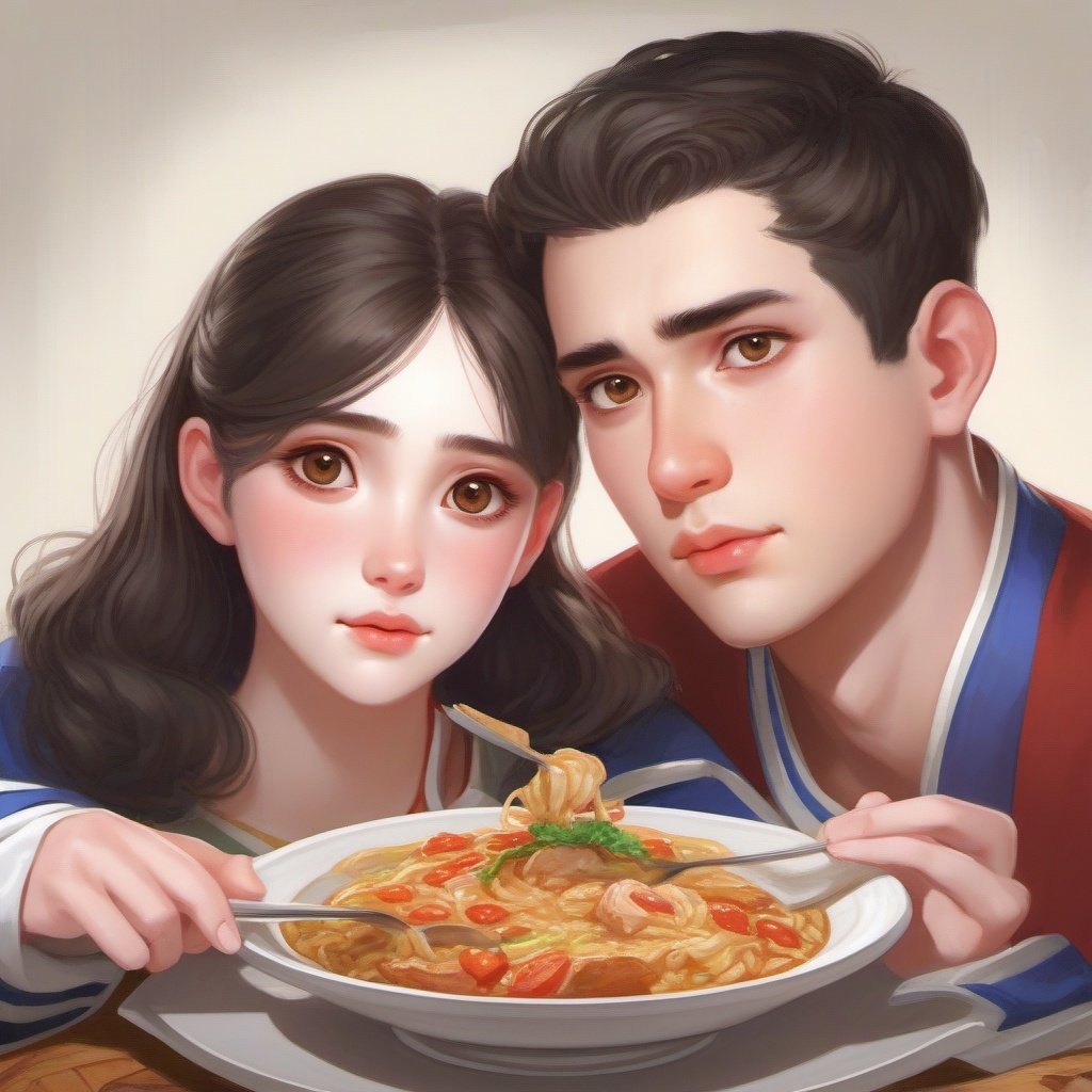 A couple in a resturent , because face , eating food,
sharp eyes , sharp face ,realistic , 8k 