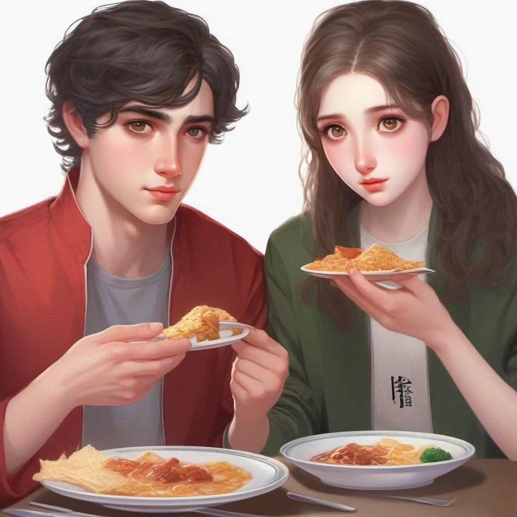 A couple in a resturent , because face , eating food,
sharp eyes , sharp face ,realistic , 8k 