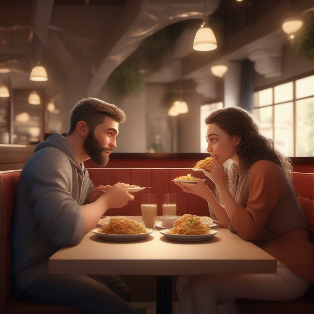 A couple in a resturent , because face , eating food,
sharp eyes , sharp face ,realistic , 8k 