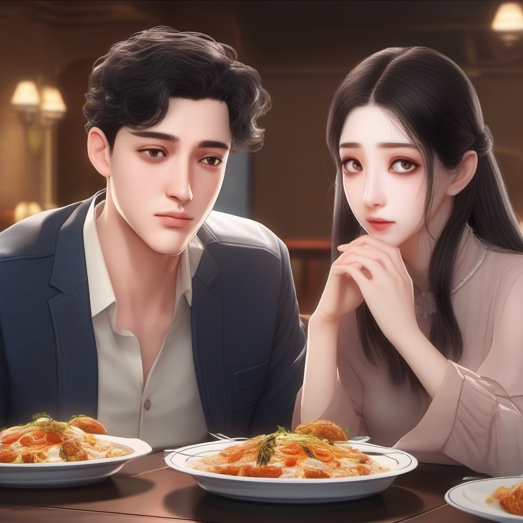 A couple in a resturent , because face , eating food,
sharp eyes , sharp face ,realistic , 8k 