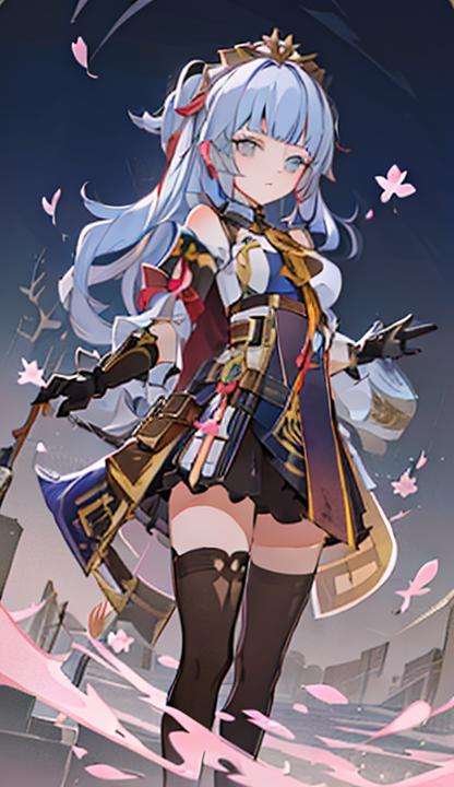 Genius_Invokation_TCG_Character_Cards, cherry_blossoms, petals, 1girl, falling_petals, rose_petals, long_hair, solo, petals_on_liquid, blue_eyes, blue_hair, blunt_bangs, standing, bangs, <lora:Genius_Invokation_TCG_Card_Style-000014:0.8>