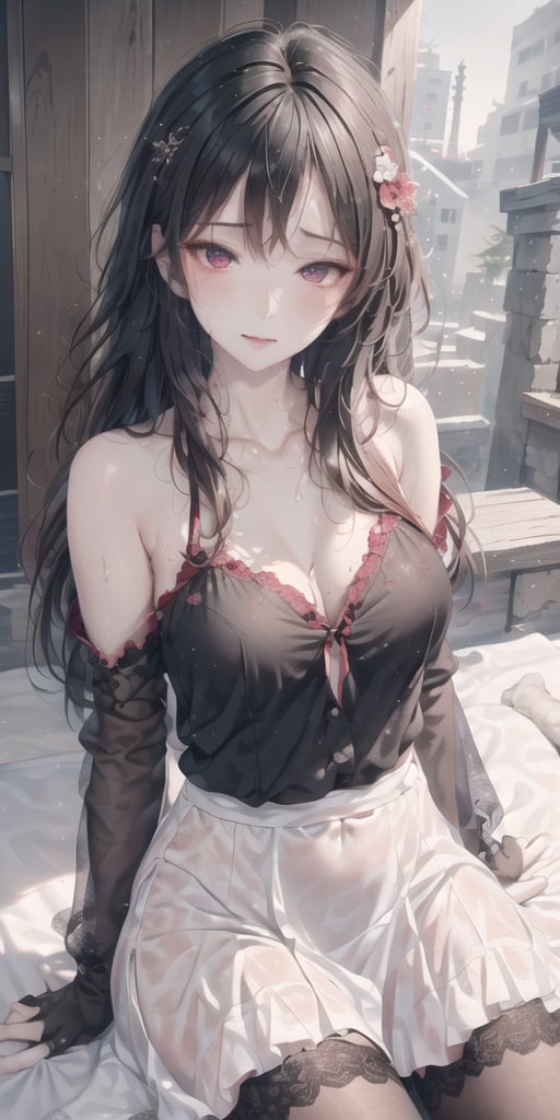 cropped leg,Facing the lens,look at viewer,kiss,from side,see-through sleeve,black clothes,see-through clothes,wet,wet,close mouth,narrowed eyes, half-closed eyes,wet,pov,crying with eyes open,eyes visible through hair,ahoge,student,on bed,narrowed eyes, heart hair ornament, beautiful background,bishoujo,cold attitude,clear face,expressionless,light blush,messy_hair,messy_hair,arm strap, longhair,side braid,
,pink_hair,original,female_solo
,beautiful detailed eyes,an extremely delicate and beautiful,red eyes,button eyes,button eyes,heart-shaped pupils,1girl,The eye, crotchless pantyhose,