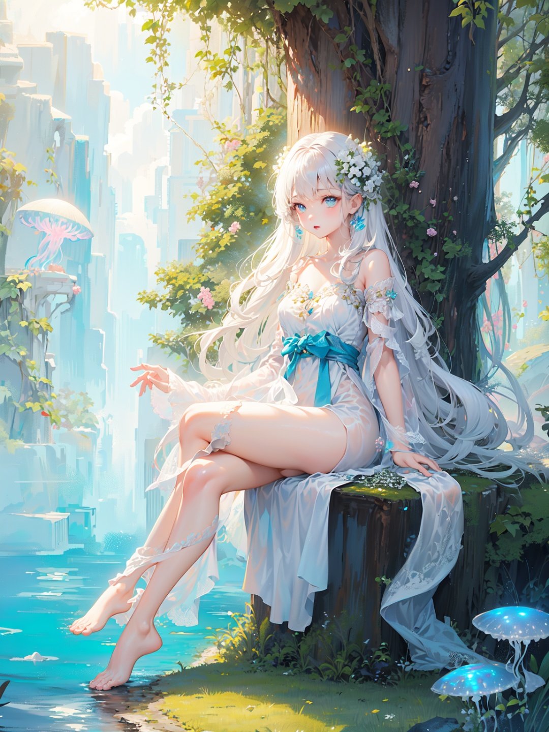 Masterpiece, anime,8k,best quality, minimalist, simple graphics
A girl with white hair, all over, sitting on a jellyfish, giant jellyfish,
White background, animal, fairy tale style, jellyfish forest,kawaiitech,1girl