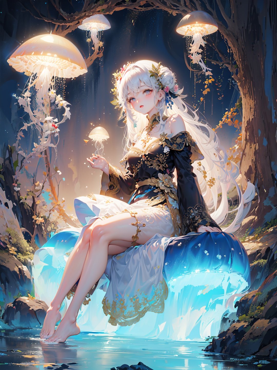 Masterpiece, anime,8k,best quality, minimalist, simple graphics
A girl with white hair, all over, sitting on a jellyfish, giant jellyfish,
White background, animal, fairy tale style, jellyfish forest,kawaiitech,1girl