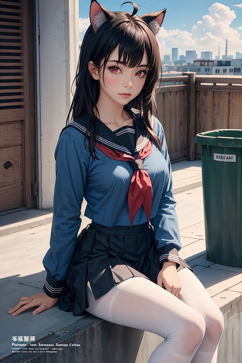 ((masterpiece, best quality)),a girl, solo, skirt, sky, sitting, pantyhose, serafuku, cloud,black gloves, outdoors, neckerchief ,day, bangs, fence, shirt, ahoge, rooftop, long hair, white pantyhose, black hair, school uniform, white sailor collar, red eyes, sailor collar, blue skirt, red neckerchief, blue serafuku, animal ears, blue sky, long sleeves, blue shirt, looking at viewer, closed mouth,cat ears, chain-link fence, pleated skirt, cloudy sky, trash can
(magazine:1.3), (cover-style:1.3), fashionable, woman, vibrant, outfit, posing, front, colorful, dynamic, background, elements, confident, expression, holding, statement, accessory, majestic, coiled, around, touch, scene, text, cover, bold, attention-grabbing, title, stylish, font, catchy, headline, larger, striking, modern, trendy, focus, fashion,1girl