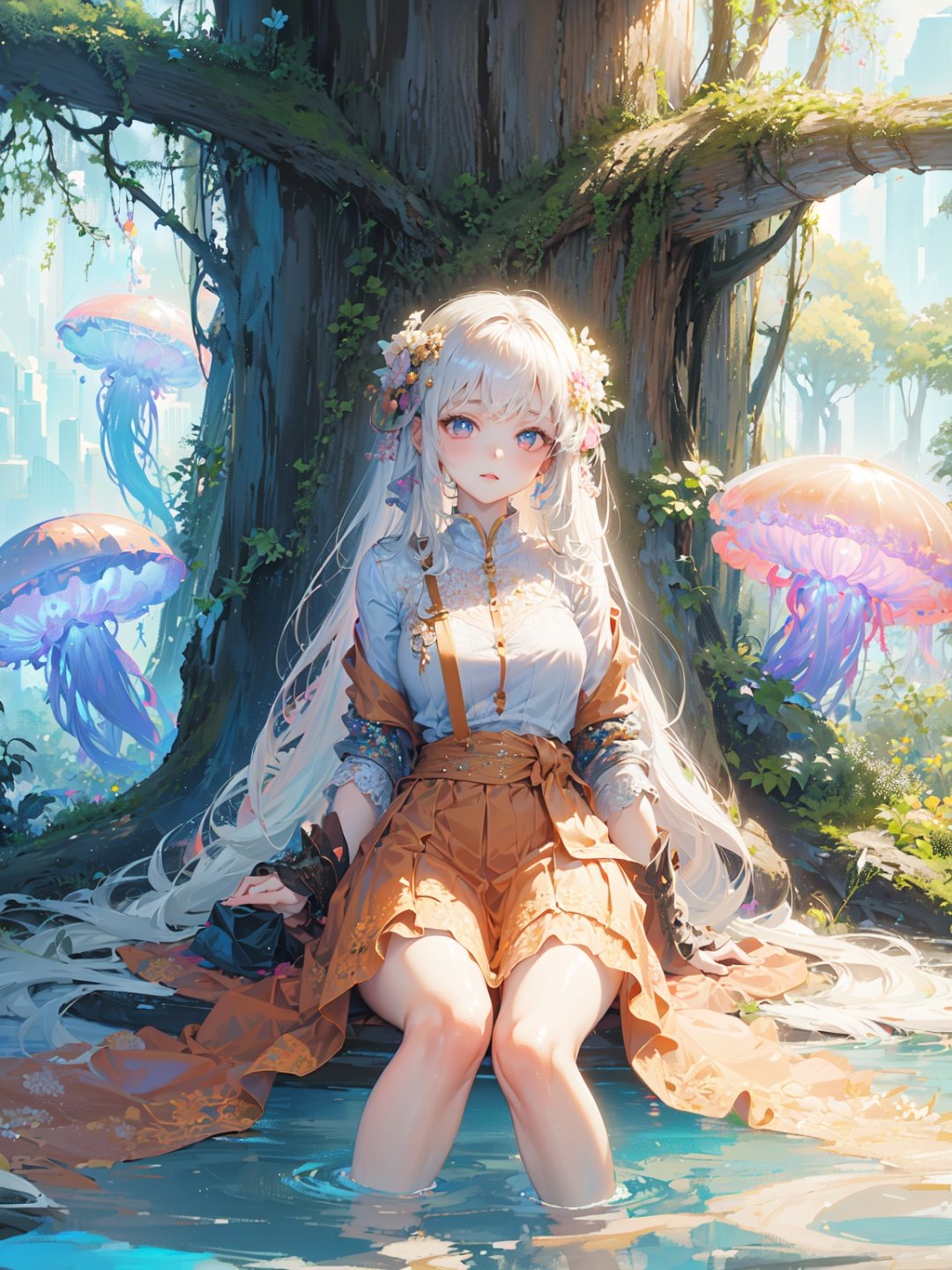 Masterpiece, anime,8k,best quality, minimalist, simple graphics
A girl with white hair, all over, sitting on a jellyfish, giant jellyfish,
White background, animal, fairy tale style, jellyfish forest,kawaiitech,1girl