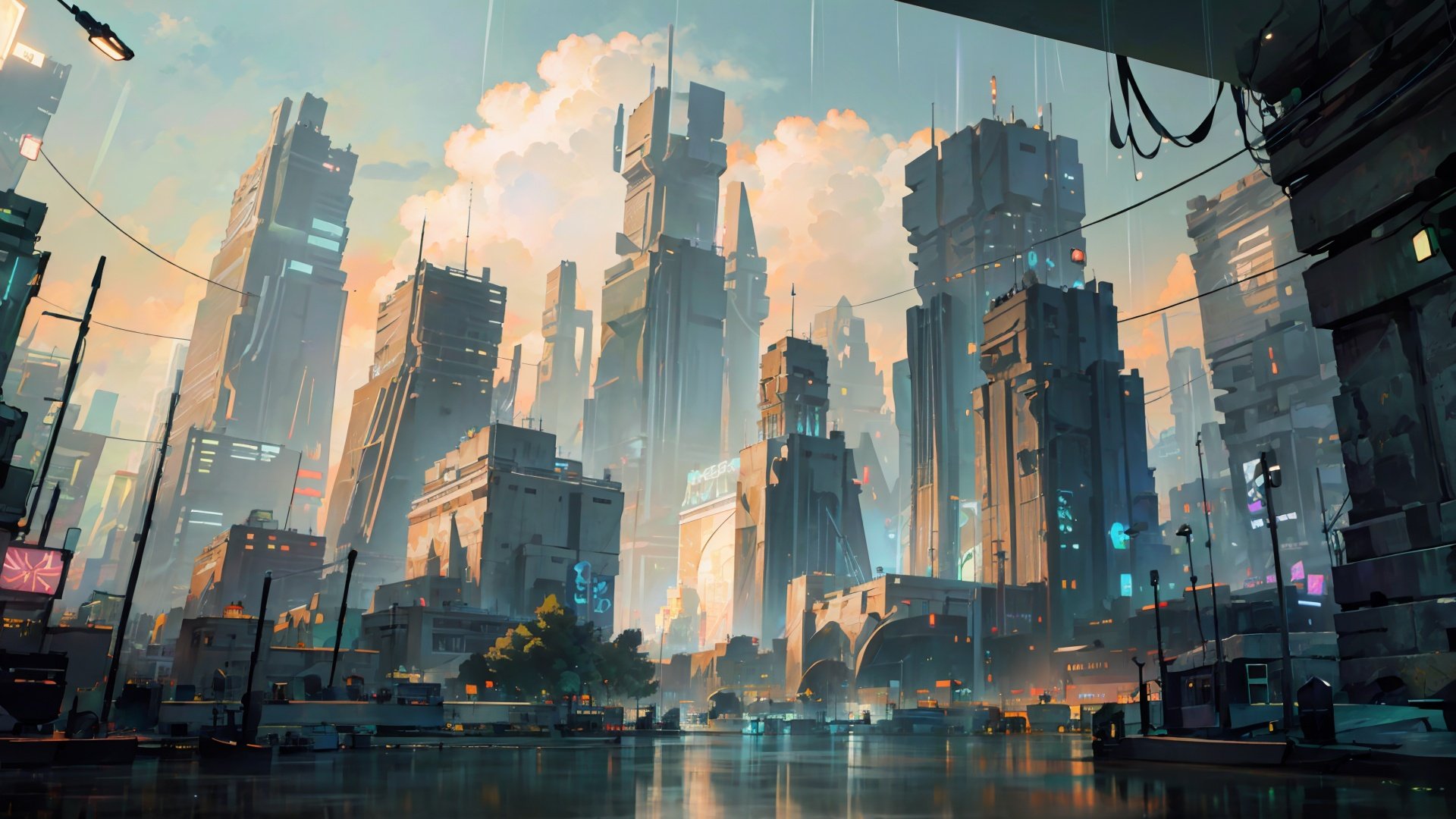 (((masterpiece))), ((extremely detailed CG unity 8k wallpaper)), best quality, high resolution illustration, Amazing, highres, intricate detail, (best illumination, best shadow, an extremely delicate and beautiful),

Cyberpunk Concept, scenery, cloud, no humans, city, building, reflection, sky, outdoors, cloudy sky, cityscape, water, science fiction, skyscraper, bridge, road, rain
