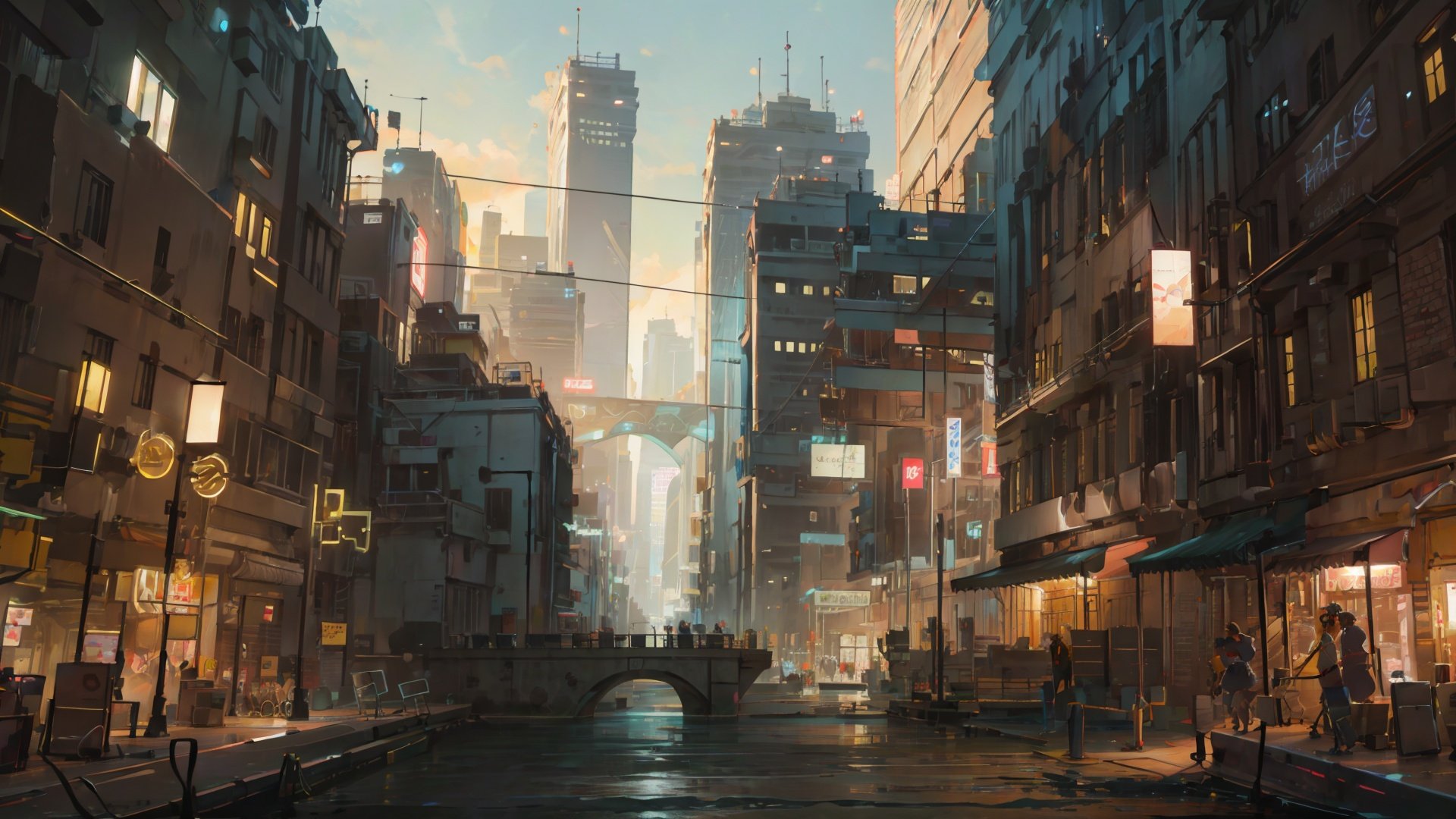(((masterpiece))), ((extremely detailed CG unity 8k wallpaper)), best quality, high resolution illustration, Amazing, highres, intricate detail, (best illumination, best shadow, an extremely delicate and beautiful),

Cyberpunk Concept, scenery, sign, no humans, city, railing, cityscape, building, ground vehicle, outdoors, air conditioner, industrial pipe, science fiction, sky